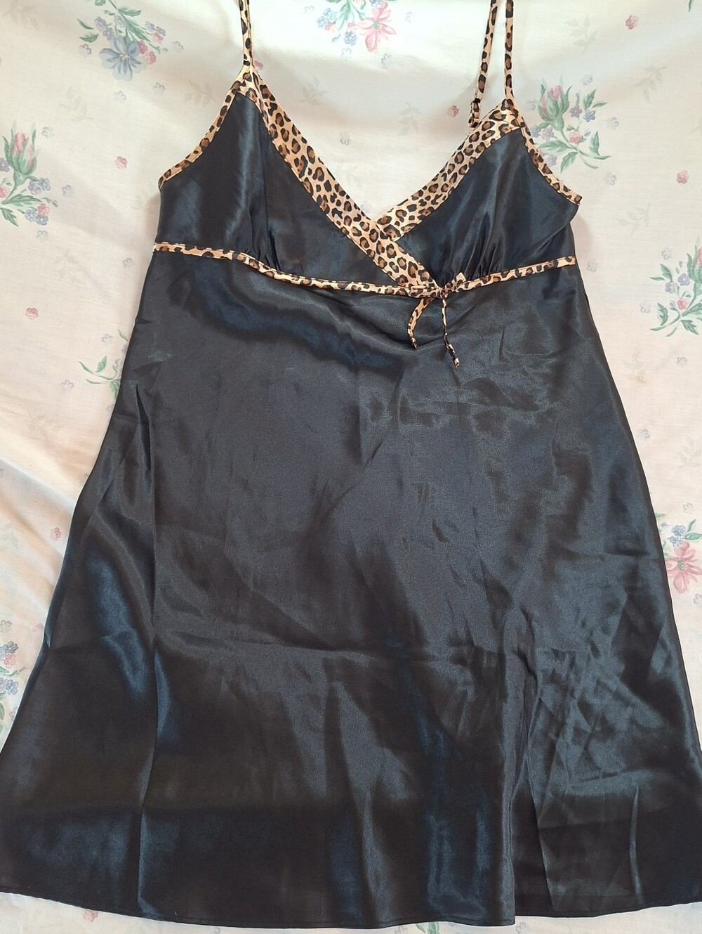 Morgan Taylor Y2K Goth Lingerie Black Satin & Leopard Print Trim Slip Dress